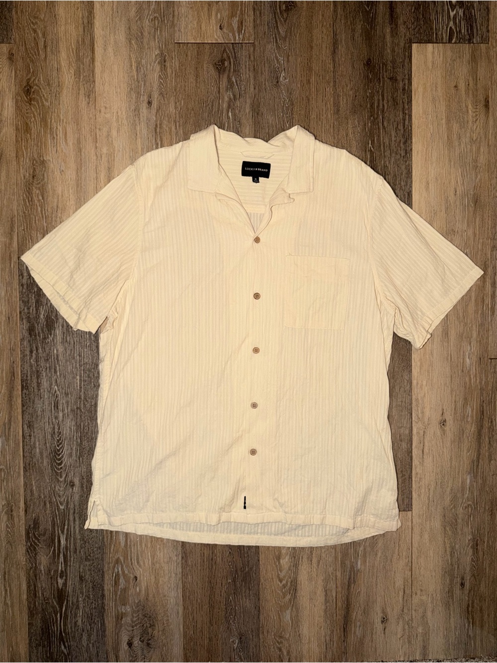 Lucky Brand Men’s Cream Striped Camp Collar Button-Down Shirt